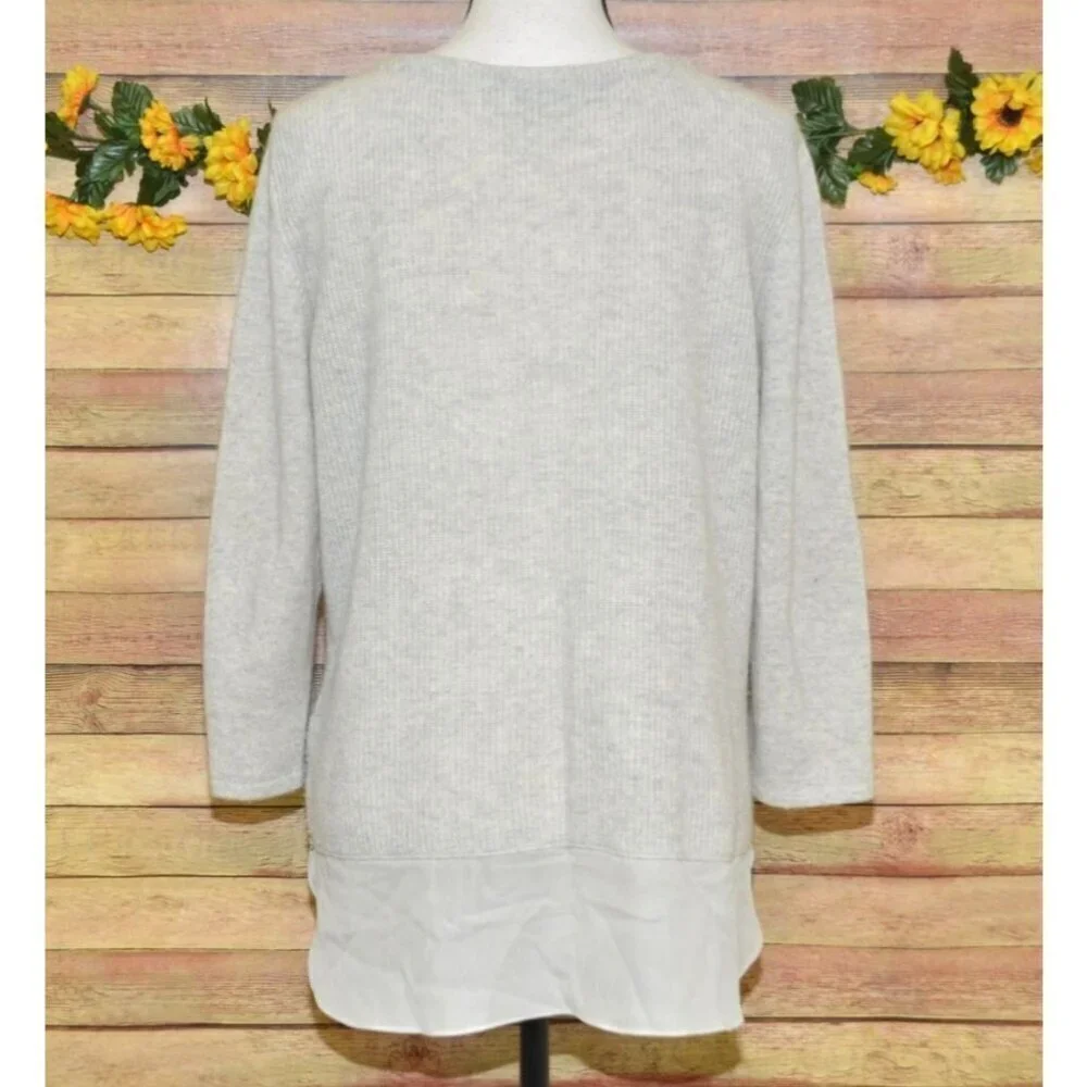 Neiman Marcus Cashmere Collection Neutral Beige Sweater Size L V-Neck Silk Hem - Picture 6 of 9